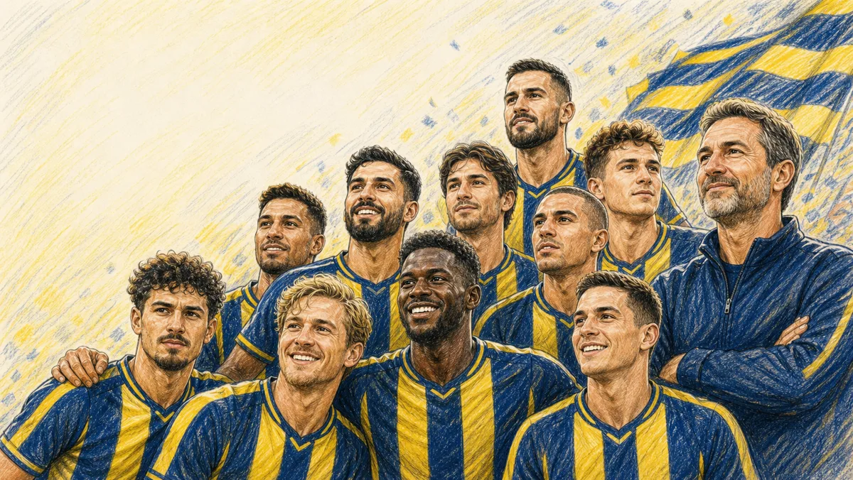 Renkli kalem çizimi tarzında temsilî Fenerbahçe oyuncu ve takım portreleri